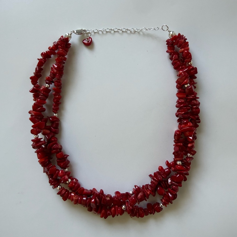 Vintage Sterling Silver 925 Necklace with 3-Strand Red Beads and Lobster Clasp